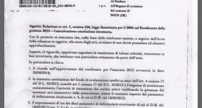 Noto. Veneziano pubblica i rilievi della Corte dei Conti al bilancio 2013, per Bonfanti sono superati